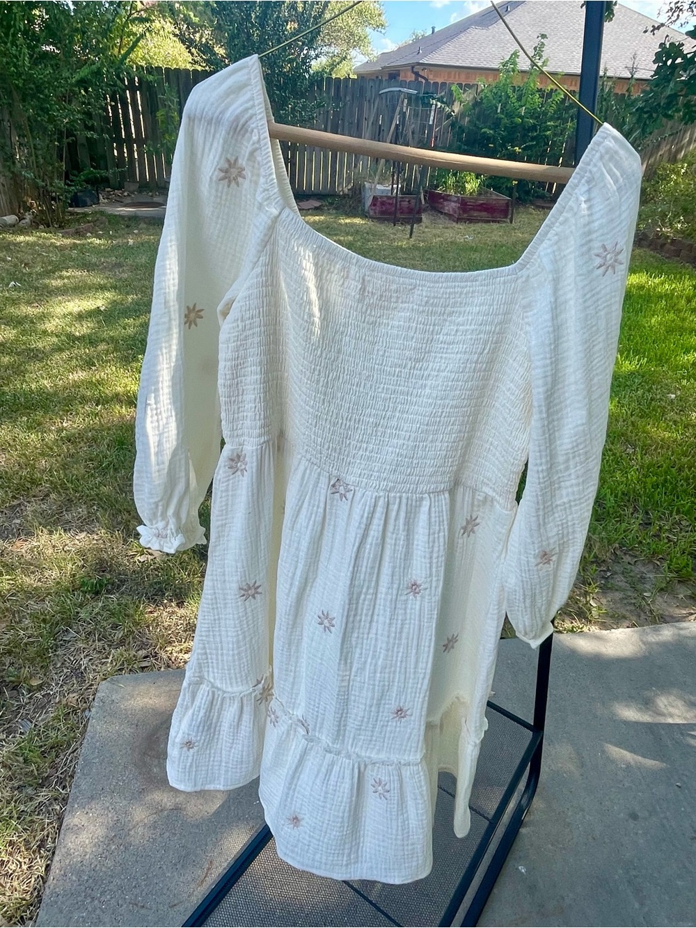 Jolt Women’s White Smocked Square-Neck Dress Top with Embroidered Stars